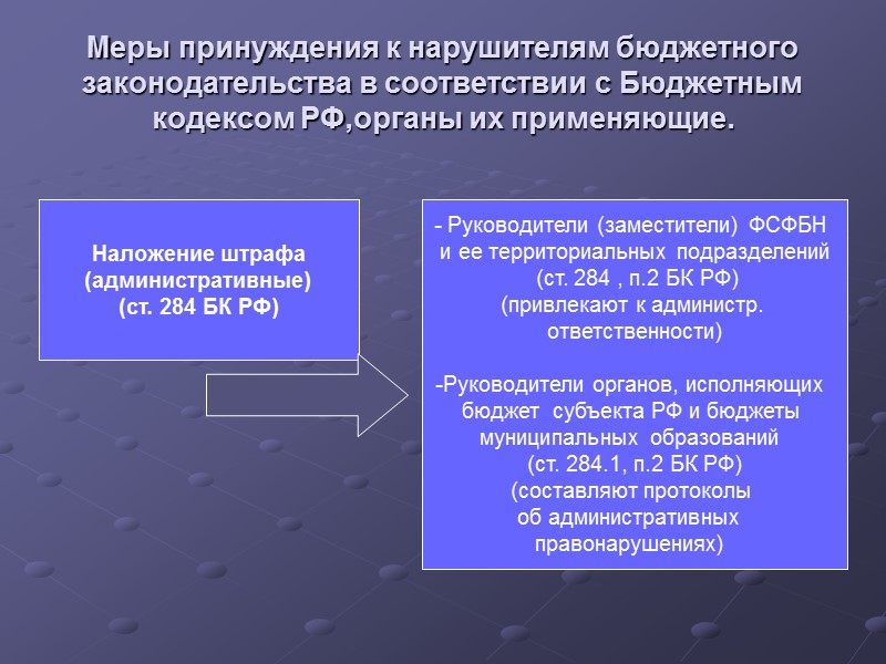Меры принуждения к нарушителям бюджетного законодательства в соответствии с Бюджетным кодексом РФ,органы их применяющие.